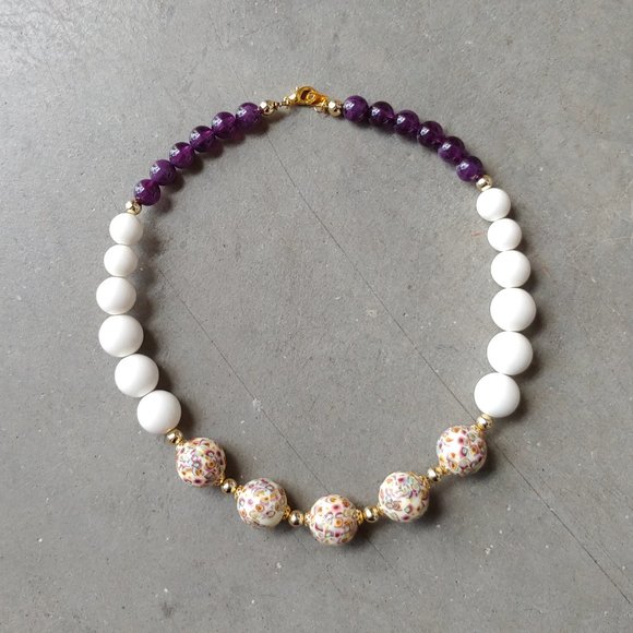 Handmade Purple and White Round Beaded Choker Necklace - Picture 2 of 6